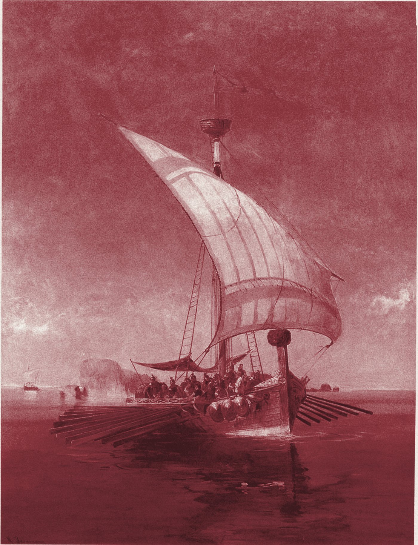 The Argo under sail, painted in oxblood ink